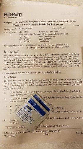 Hill-Rom TranStar DuraStar Hydraulic Cylinder Pump Housing 69369 69623 70794S