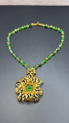 Vintage Gold Filled Green Crystal Starburst Medallion Beaded Necklace