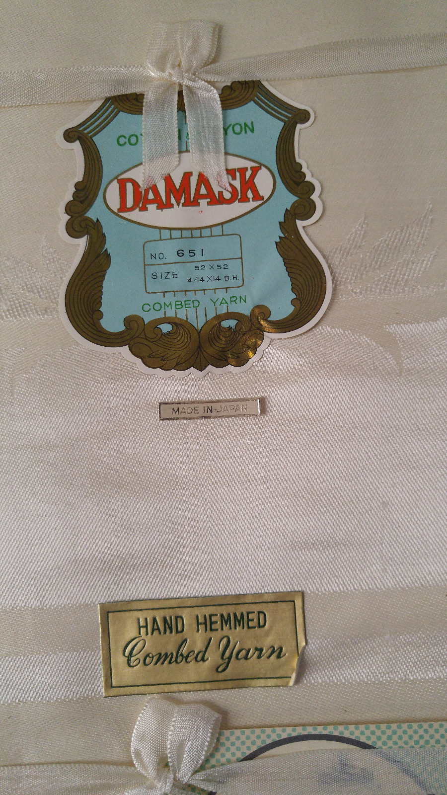 NIB Vintage Ivory Damask Cotton Hand Hemmed Table Cloth Napkin Set Combed Yarn