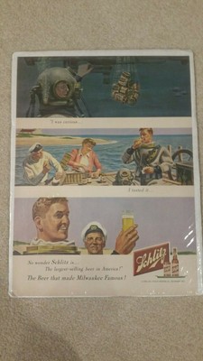 Schlitz Brewing Co. 1950 PRINT AD Beer Captain Crew Vintage Deep Sea Diver 