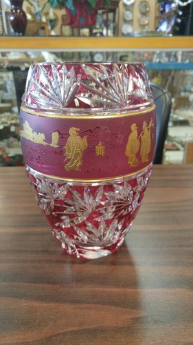 VAL ST. LAMBERT BELGIUM CRANBERRY OVERLAY AVENTIN JAPONAIS VASE - SIGNED/STICKER