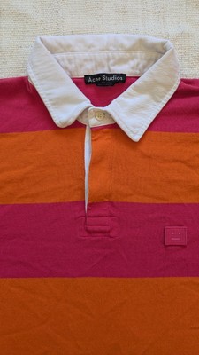 Acne Studios Rugby Shirt Small Orange Pink Striped Face Logo Cotton Polo Stained