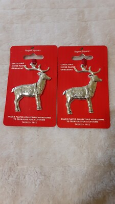 Vtg Regent Square Reindeer Silver Plated Ornaments Set Of 2 Red Ribbon Cord