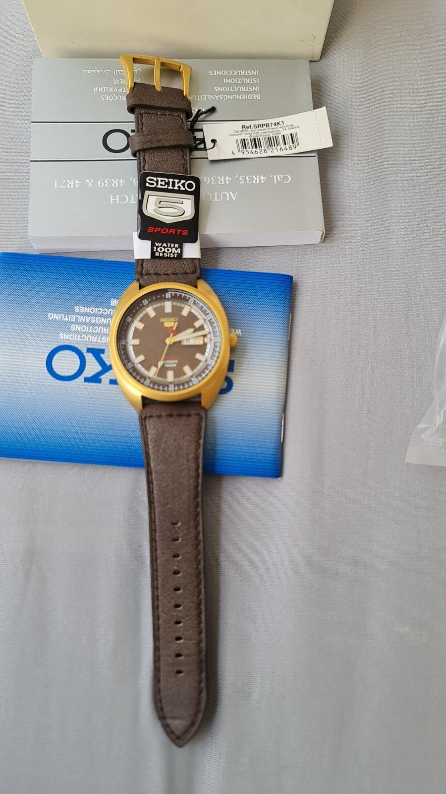Pre-owned Seiko 5 Sports Srpb74 Limited Edition Automatic Watch 4r36 Brown Gold Leather
