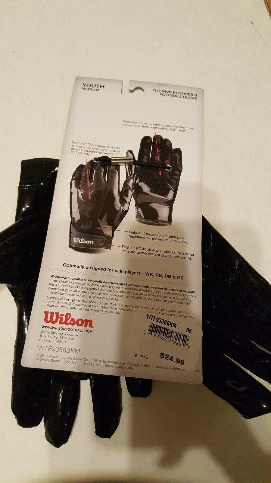 Wilson The MVP Receivers Football Glove Youth Medium Black New