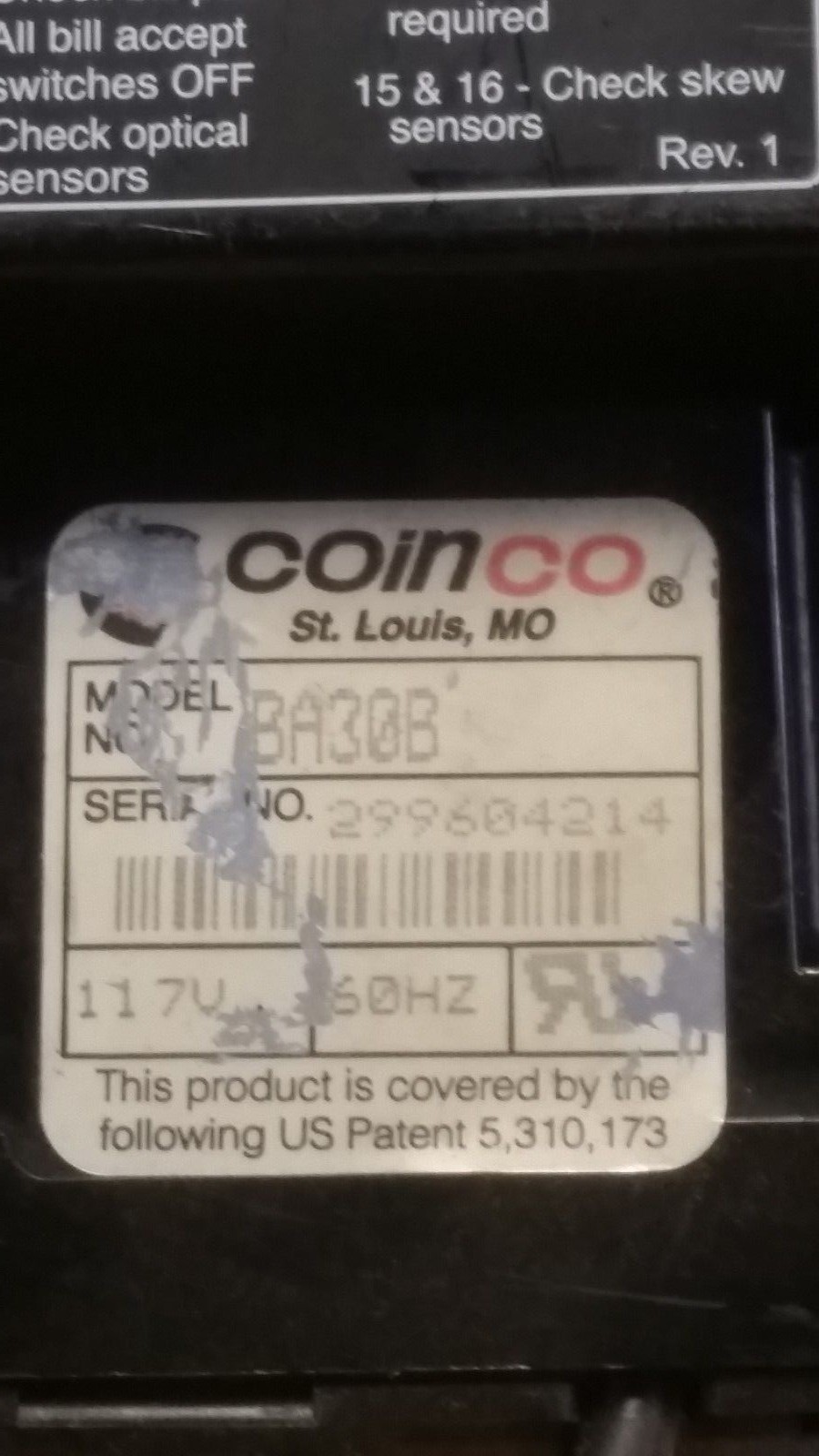 CoinCo  Bill Acceptor / Validater   BA30B  117V   *Untested*  S4E