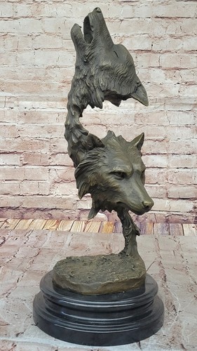 BEAUTIFUL PURE BRONZE MOUNTED WOLVES STATUE BUST ART Decor MARBLE BASE SCULPTURE