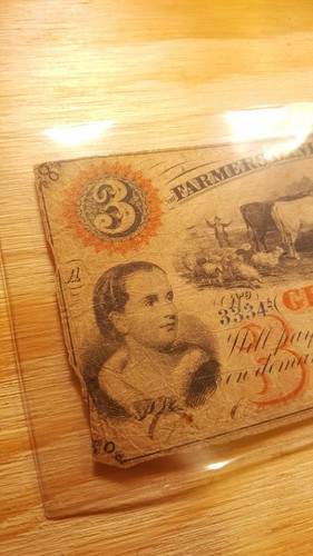1861 $3 THE FARMERS BANK OF NORTH CAROLINA OBSOLETE BANKNOTE GREENSBORO, NC G/VG