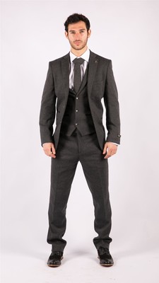 Pre-owned Truclothing Mens Grey Black 3 Piece Tweed Suit Herringbone Wool Vintage Retro In Charcoal