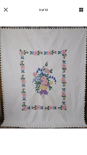 Amazing Handwork! SUPERB Vintage Cottage Applique Flower Bouquet Quilt 95X81