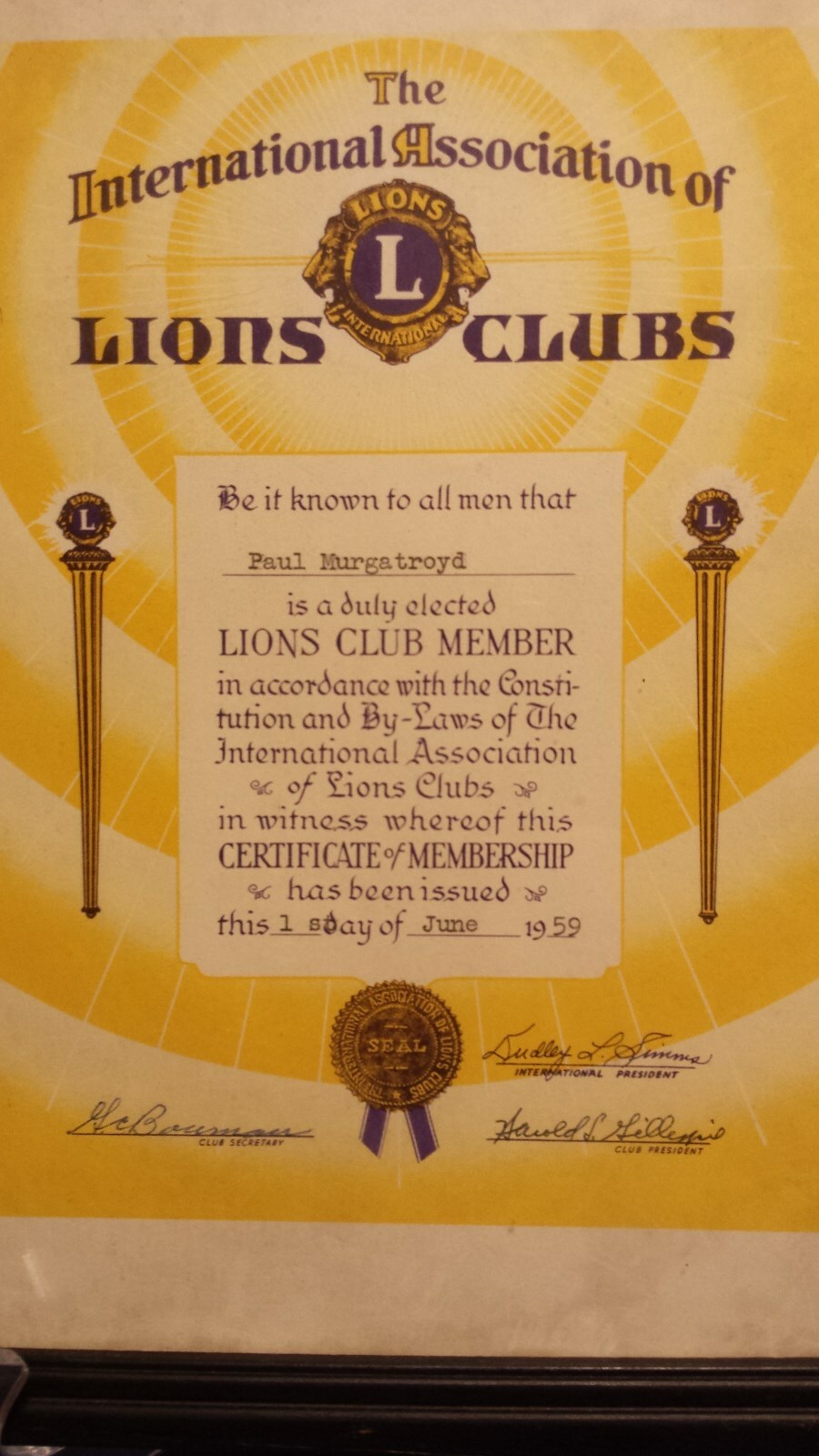 LIONS CLUB..1959 Membership Certificate..Cambridge, Ohio..Paul Murgatroyd