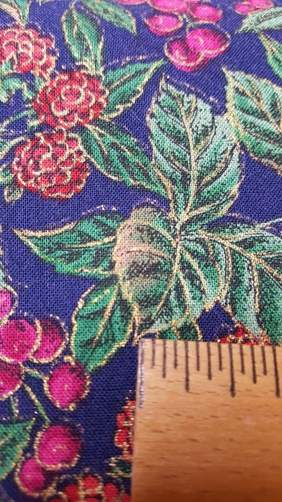 Cotton Fabric Berries Leaves Gold Accent Print Navy Winter Christmas BTY