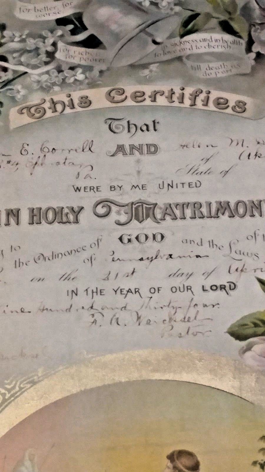 1934 Antique Marriage Certificate Correll Dietrich Akron Lancaster Pennsylvania