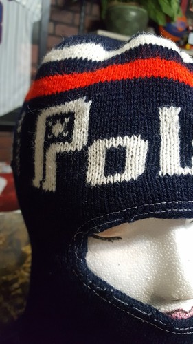 True Vintage 80s Polaris Snowmobile Toque Knit Ski Mask Hat Navy Blue EUC