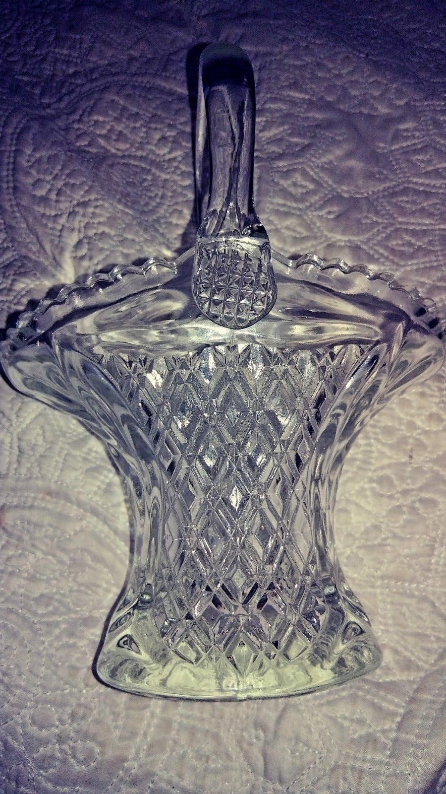 Clear Diamond Cut Glass Sun On Sides Large Basket With Handle scalloped edges