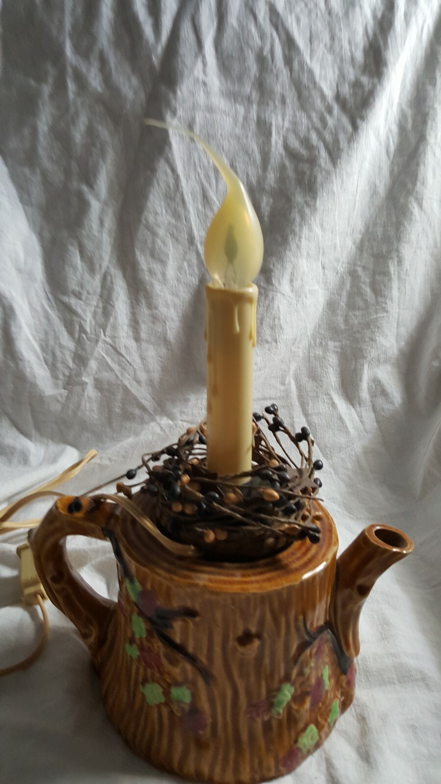 Electric Window Drip Candle Lamp Brown Floral Mug Cup Candle Holder Vtg Japan