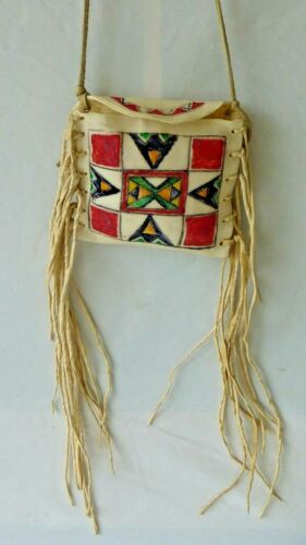 NATIVE AMERICAN MADE PAINTED PARFLECHE BAG WITH HANDLE AND FRINGE, MINIATURE