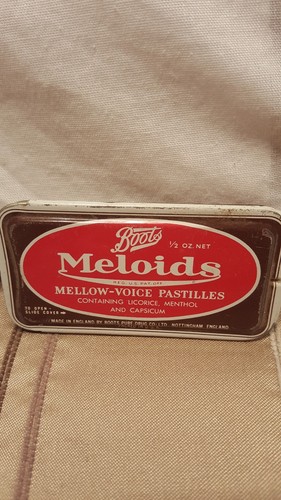 Vintage Boots Meloids Mellow-Voice Pastilles Metal Tin Box w/ Product!!!