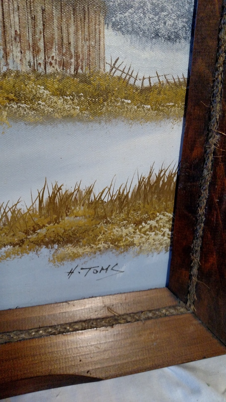 Vtg SIGNED Antique painting rustic Cabin wood framed scenic picture Winter Decor