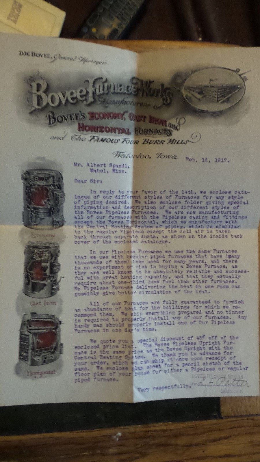 Vintage RARE 1917 Waterloo Ia Bovee Furnace Works 4 Burr Mills Letter Head Group