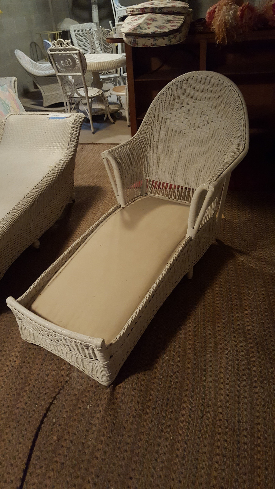Antique Fiber Wicker Chaise Lounge Closely Woven Design Painted White Circa 1920