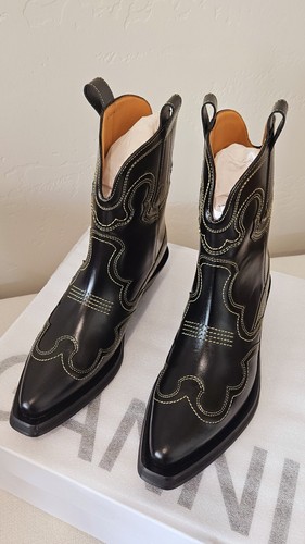 Pre-owned Ganni Low Shaft Embroidered Western Boots - Black/yellow ( Origin $595 )