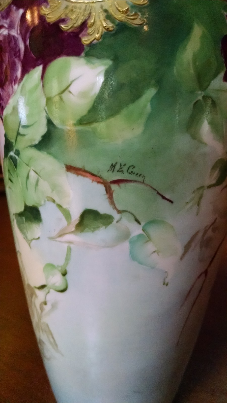 Antique Belleek Willets ROSES Vase Signed M. E. Green 8-1/2