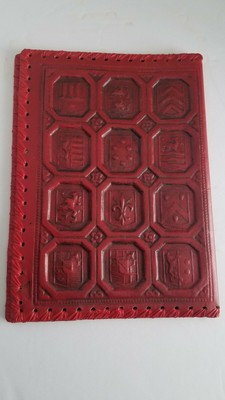 Vintage Tooled Red Leather Book Cover Embossed Standing Lion Fluer De Lys
