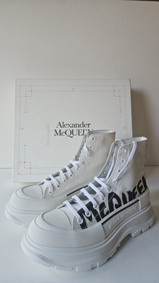 $790 Alexander McQueen White Tread Slick Graffiti Print High Top Sneakers 10 US