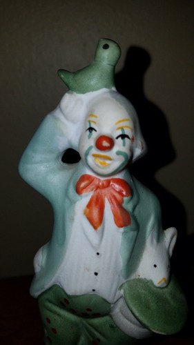 Porcelain Clown Figurine, Rabbit in hat, Bird on head, Orange & Green, 6 1/4
