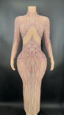 Prom Colorful Long Dress Sparkly Rhinestones Dress Mesh Transparent Stage Wear