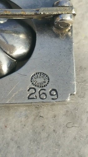 GEORG JENSEN # 269 Sterling Silver Brooch Pin with Green Agate ? Chryophrase?