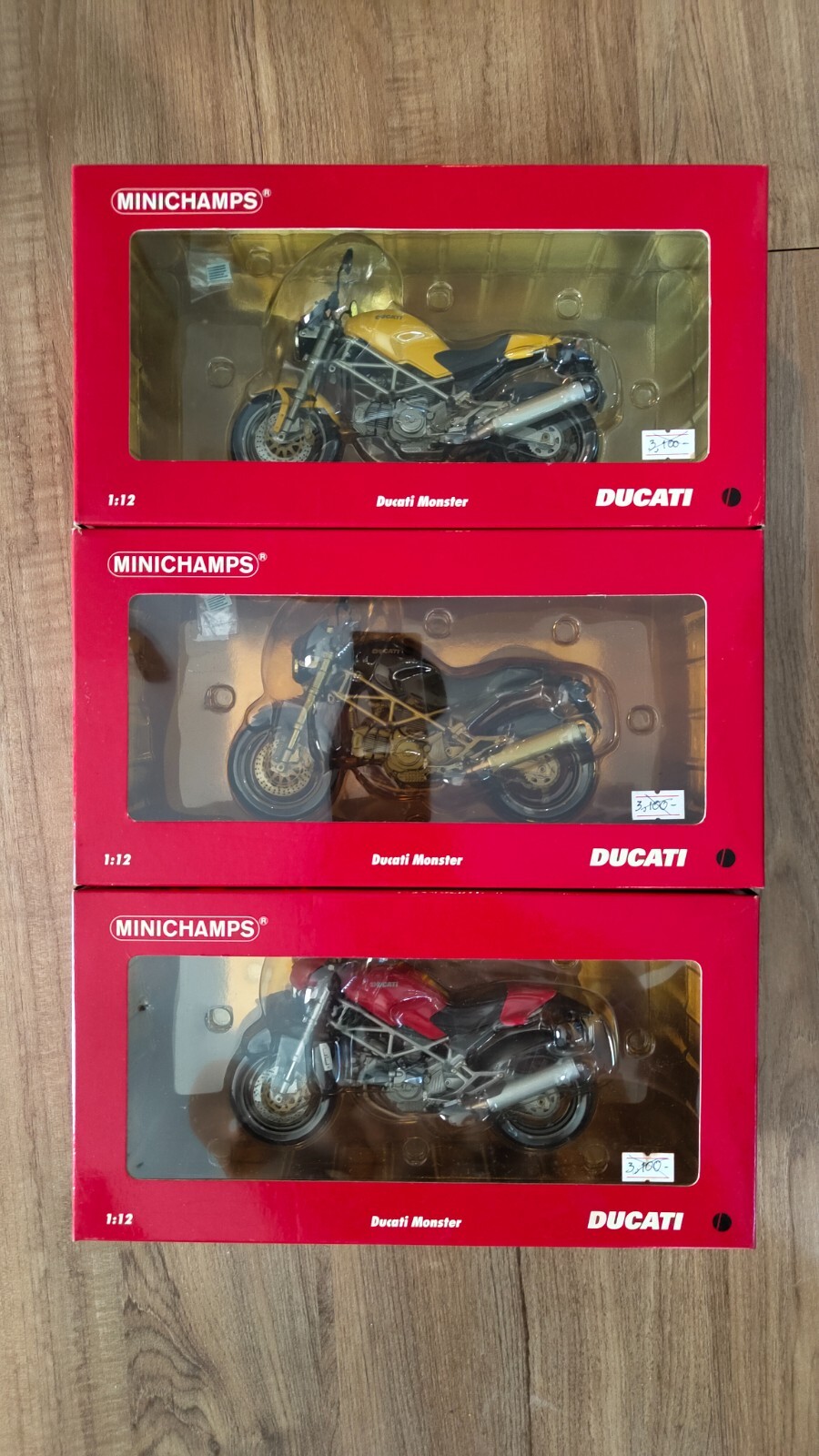 1/12 Ducati Monster x 3 Red, Yellow, Black Minichamps new factory