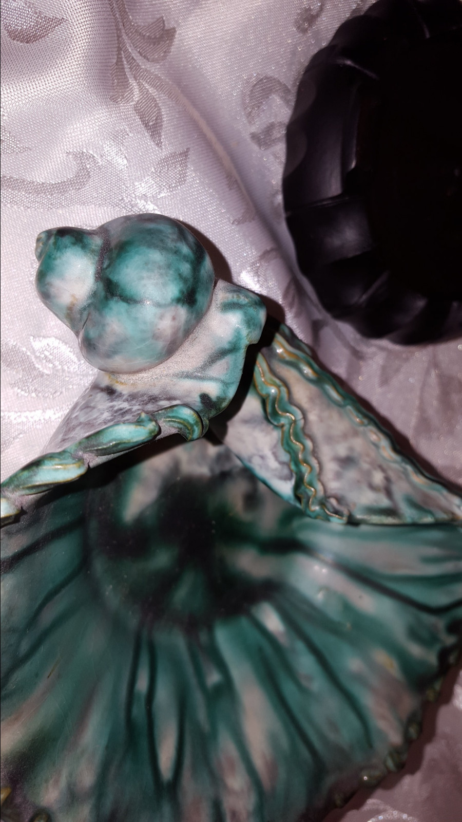 Hand sculptured shell  trinket or candy dish with wooden stand Italy # 3063