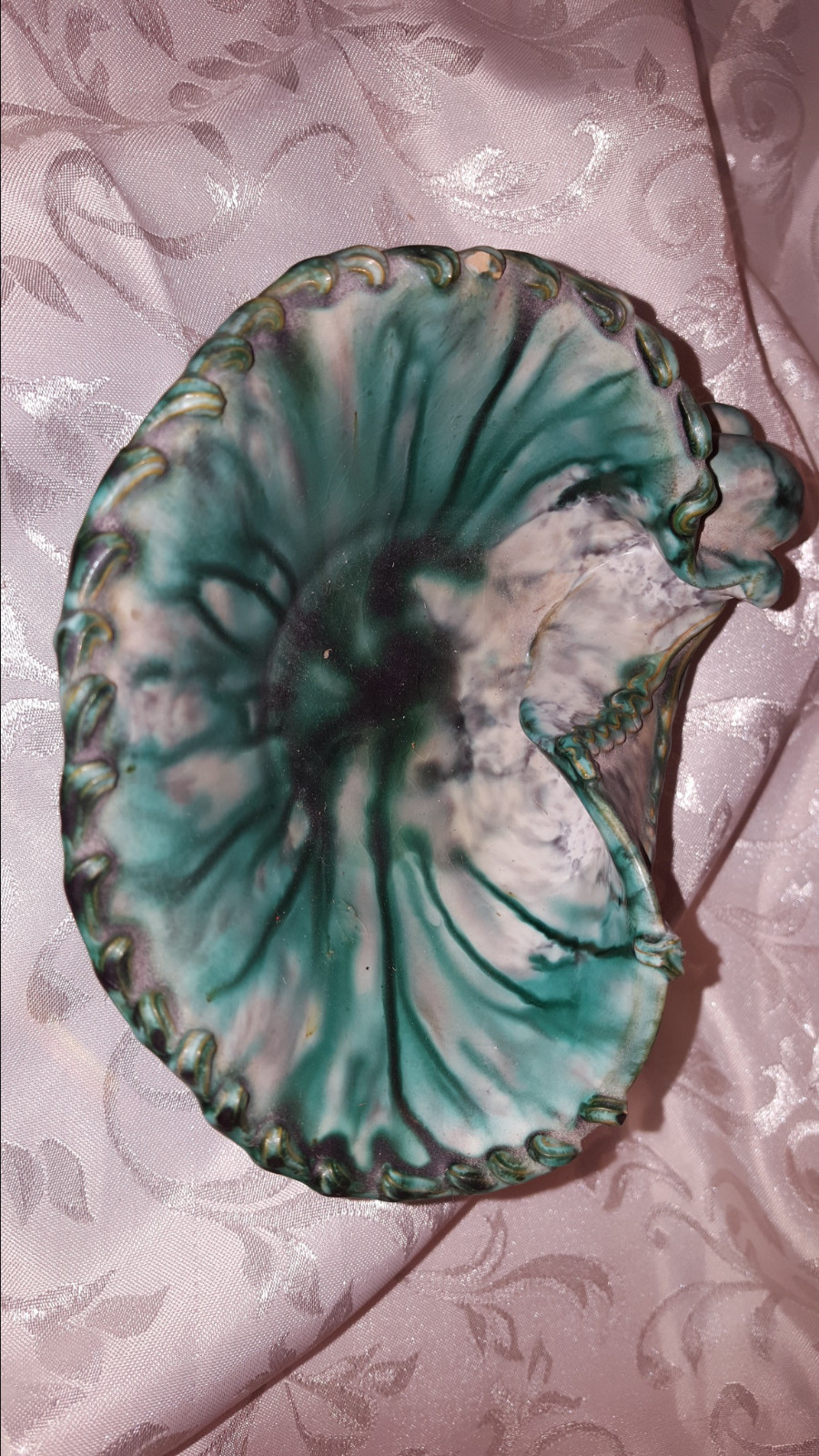 Hand sculptured shell  trinket or candy dish with wooden stand Italy # 3063