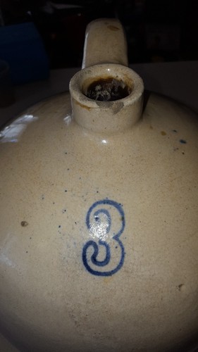 ANTIQUE 3 GALLON SALT GLAZED? CROCK JUG COBALT BLUE 3