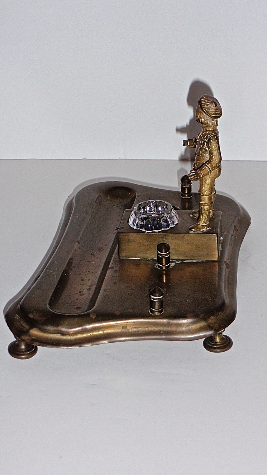 Antique Victorian Brass Figural Page Boy Desk Pen Tray and Inkwell