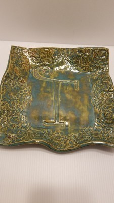 Studio Pottery Jennie Hillman Initial T Tray Dish Blue Green Ruffle Edge Glazed