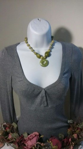 Beautiful!!! Green Stone Necklace Toggle  Clasp Marked Ster Hand Crafted