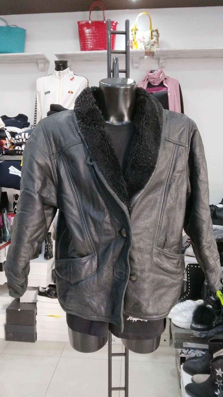 Vintage Black Shearling Sheepskin Coat For Women Size 46 MON