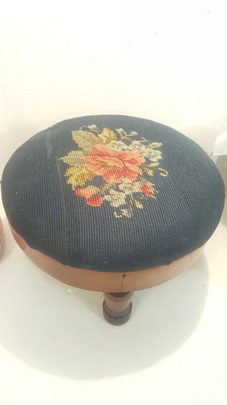 Vintage Round Small Floral Needlepoint Wooden Foot Stool Navy Blue 11"