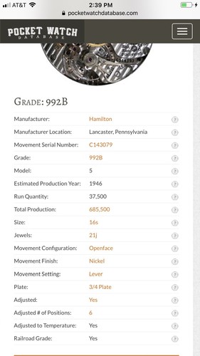 1946 Hamilton Railway Special Pocket Watch 992b Serviced - Original Enamel Dial