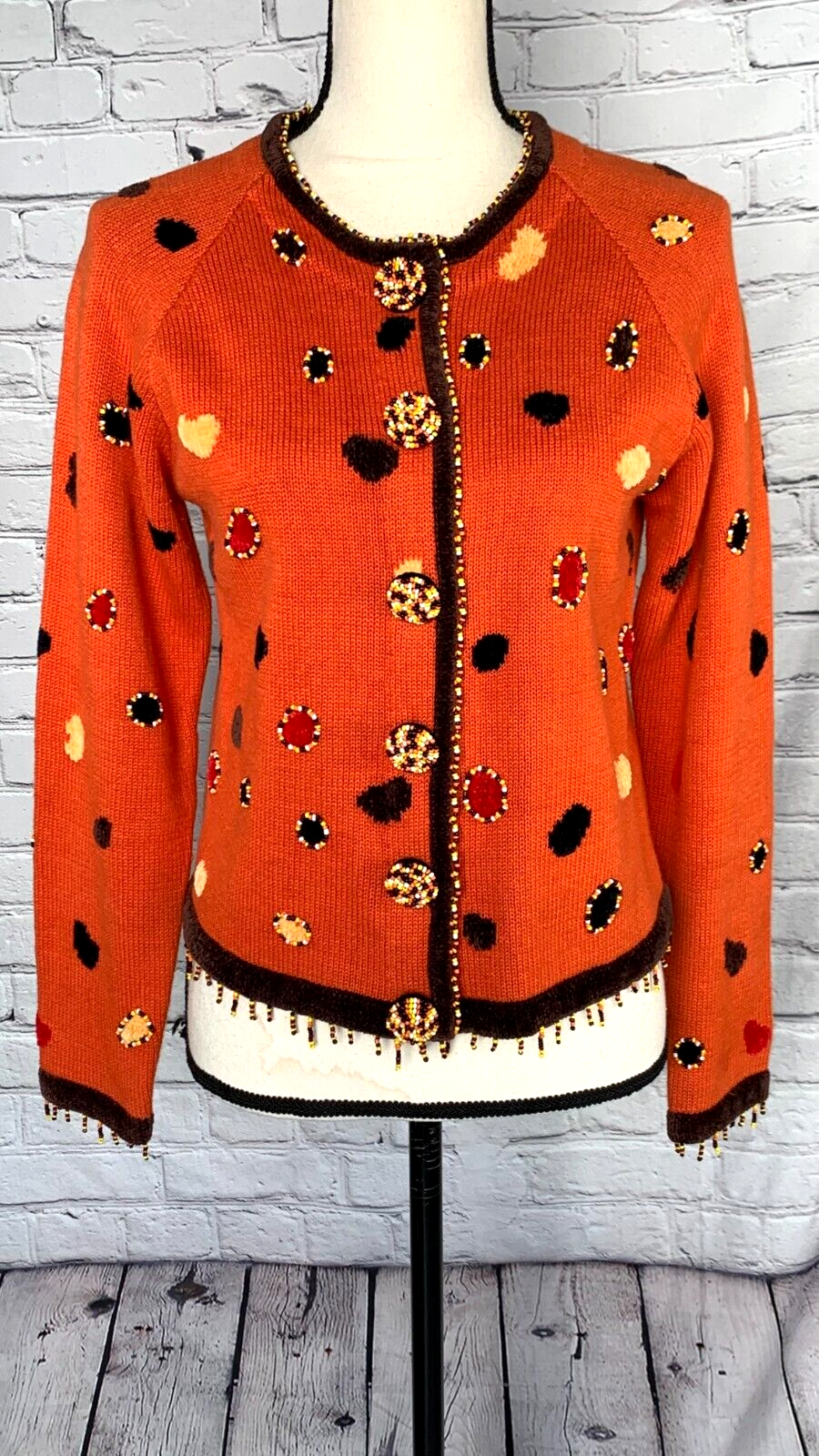 Vtg Jack B. Quick Cardigan Buttons Beaded Orange Ramie
