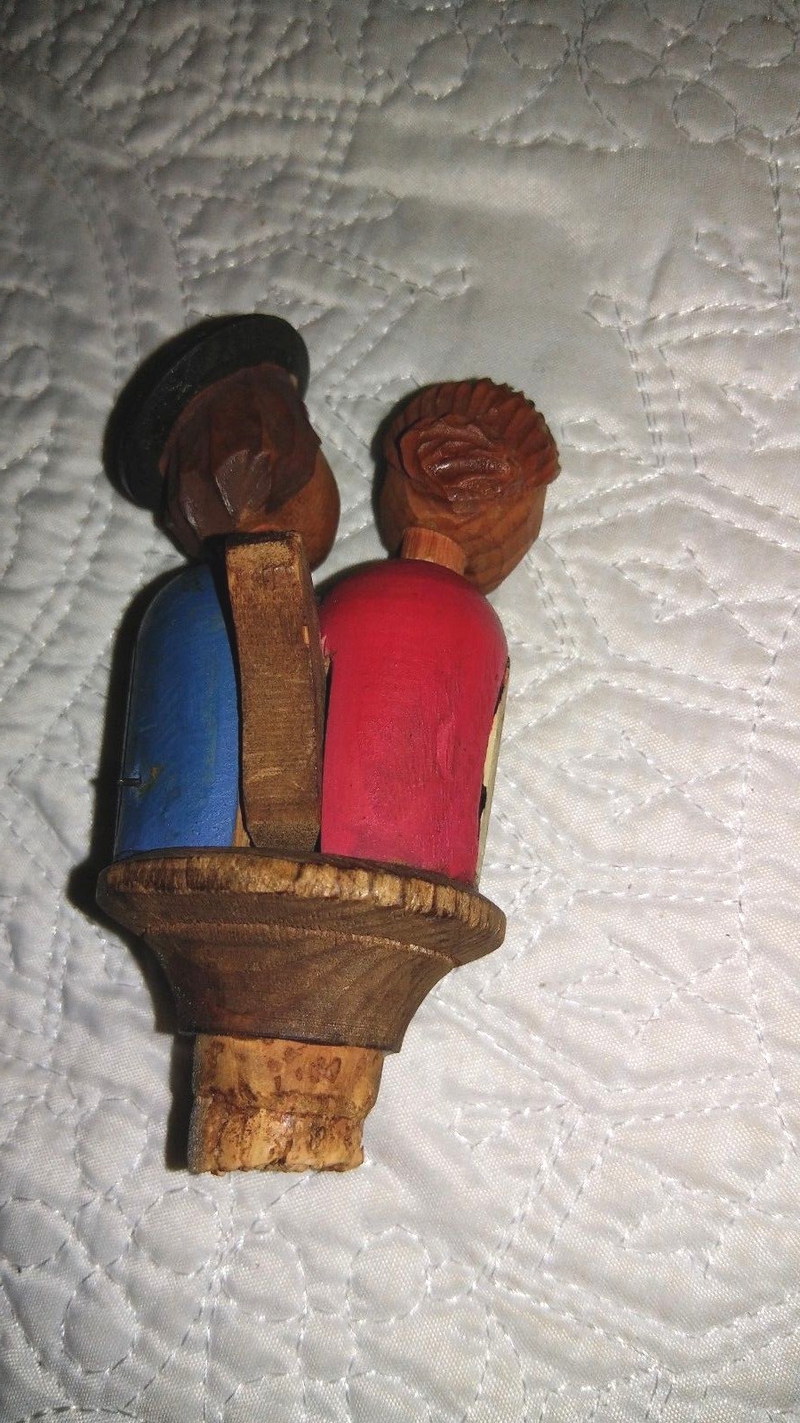 Vintage hand carved and painted man and woman kissing cork wine stopper