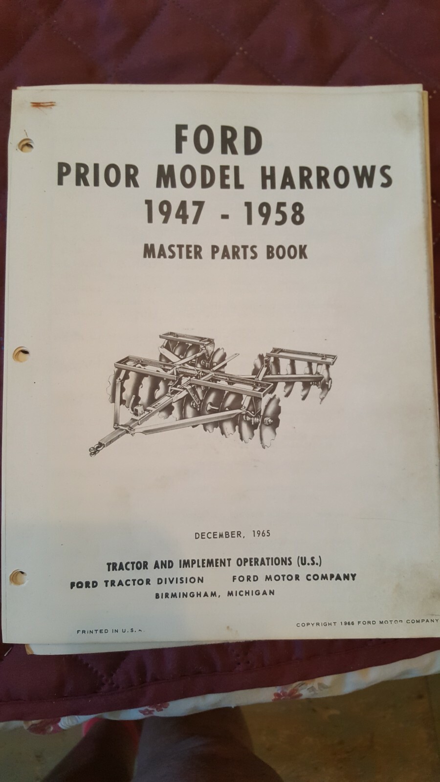 Ford Prior Model Harrows 1947-1958 Master Parts Book. December 1965