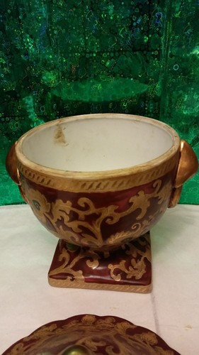 Large Lidded Pedestal Bowl Rustic Red with Leaf Vine Design