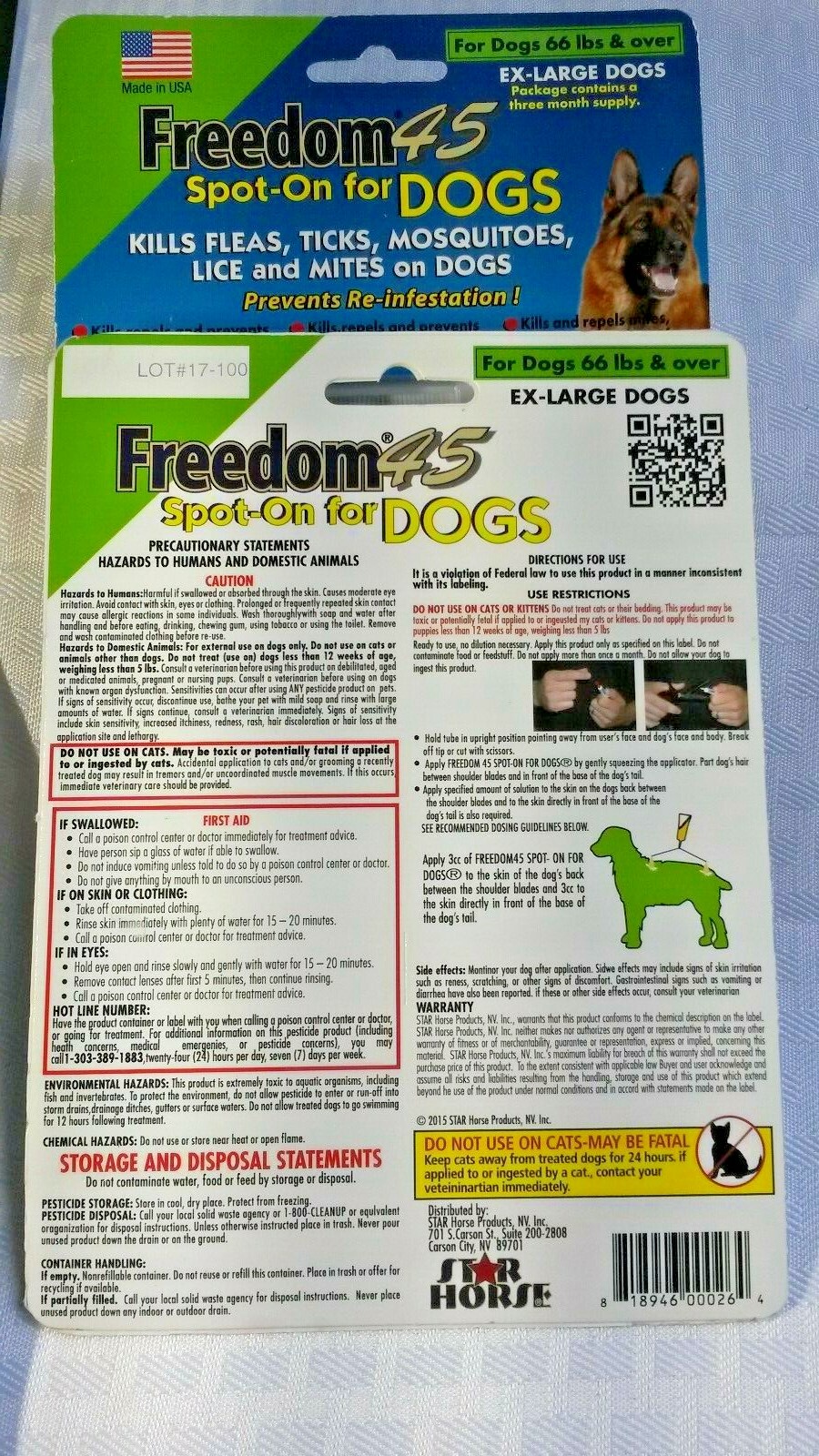 Freedom 45 'Spot on' for extra large dogs 66 lbs.+, 6 mo. supply!