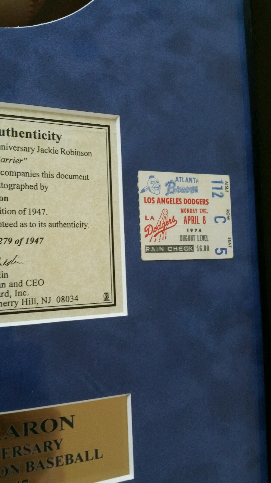 Hank Aaron April 8 1974 #715 Ticket Stubs Braves & Autographed Baseball COA