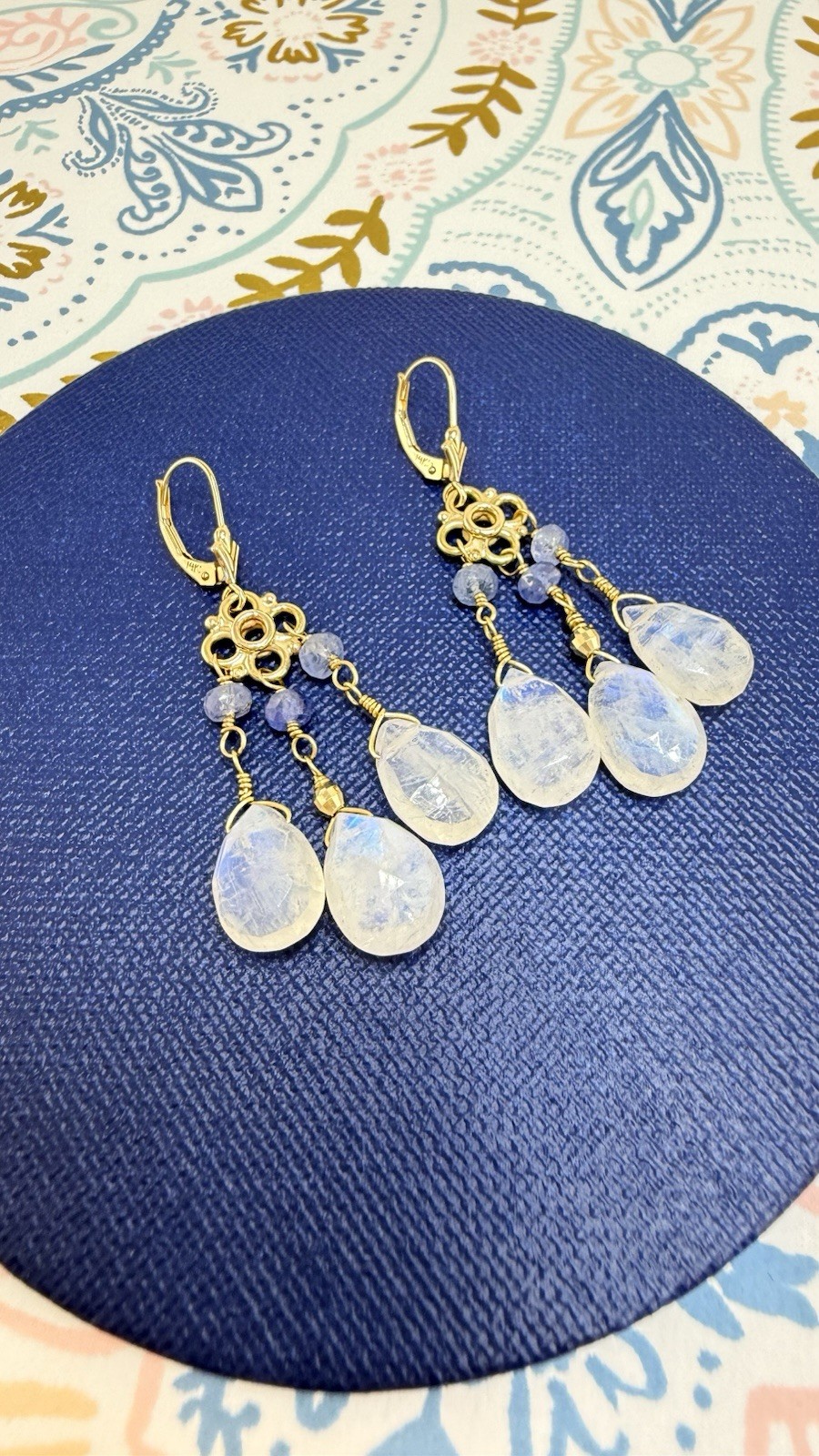 14k Yellow Gold Genuine Rainbow Moonstone and Sapphire Chandelier Earrings, - Picture 11 of 11