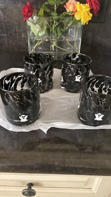 New Halloween Black Beaded W/ White Ghost Double Old Fashion Glasses -4